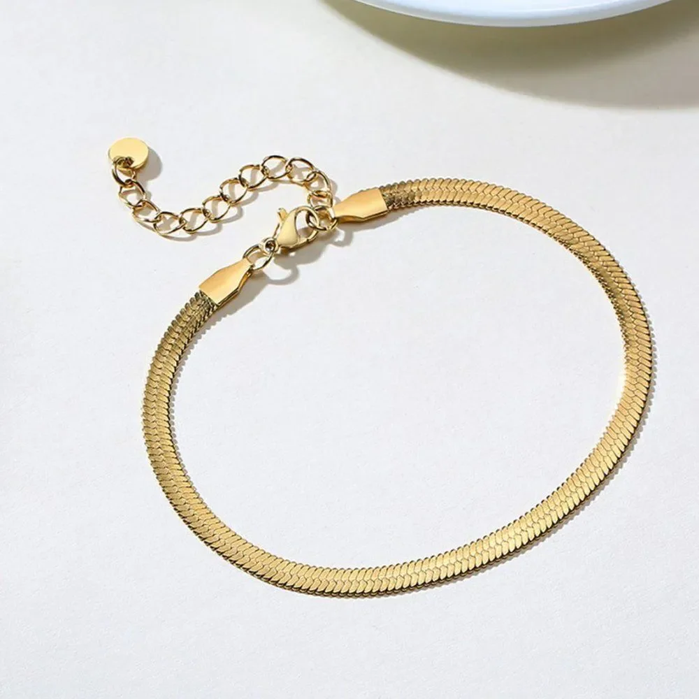 Gold Herringbone Flat Snake Chain Bracelet 4mm